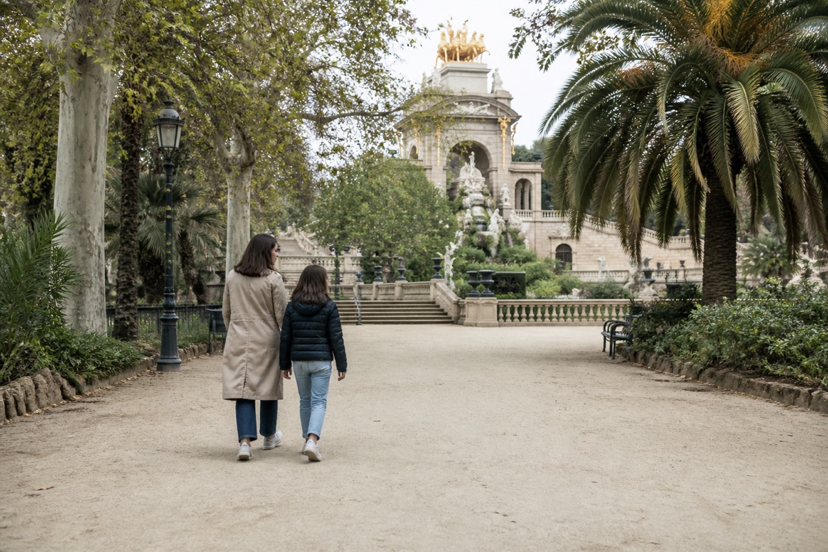 Adult i adolescent caminant pel parc de la Ciutadella de Barcelona