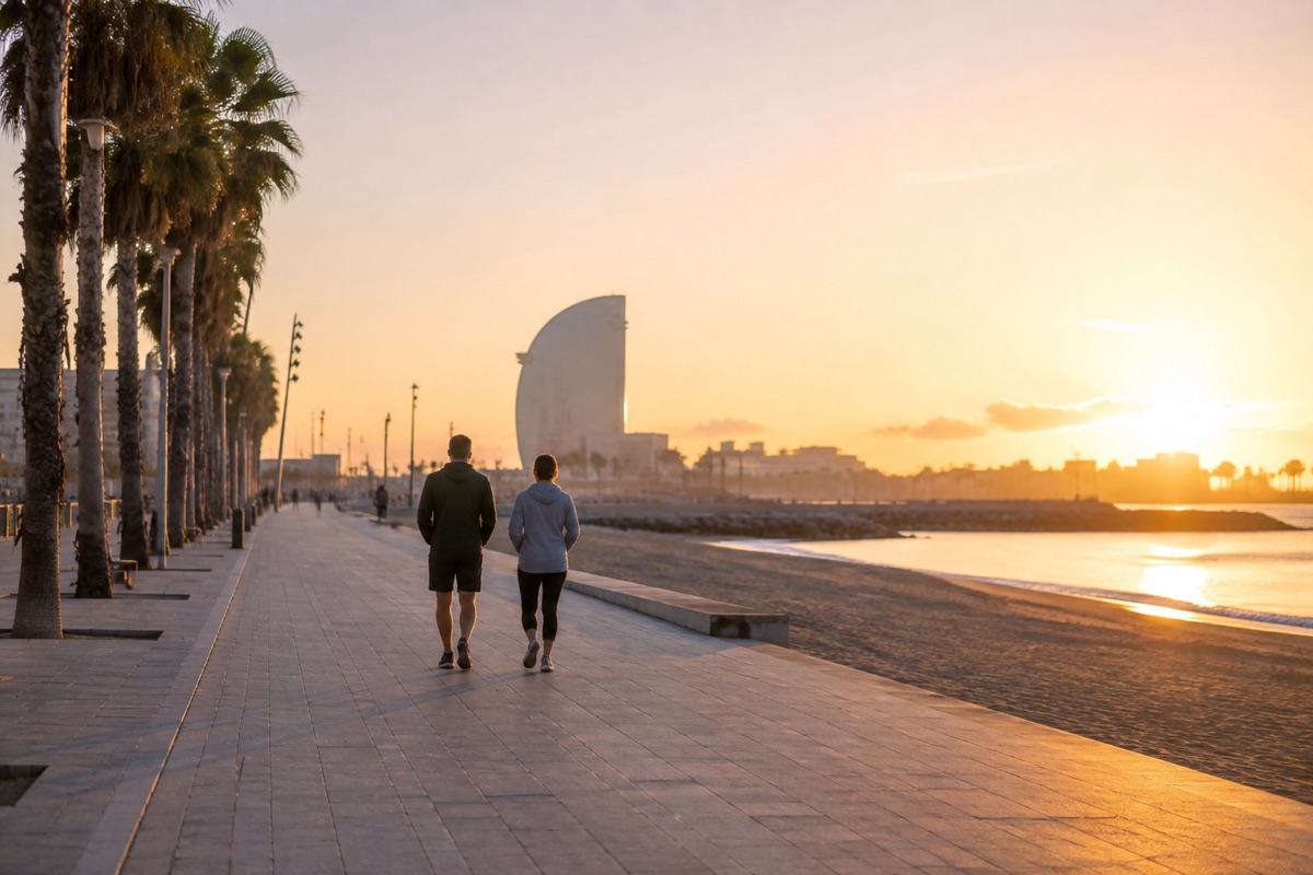 Dues persones caminant juntes per Barcelona abans d’una sessió de parella