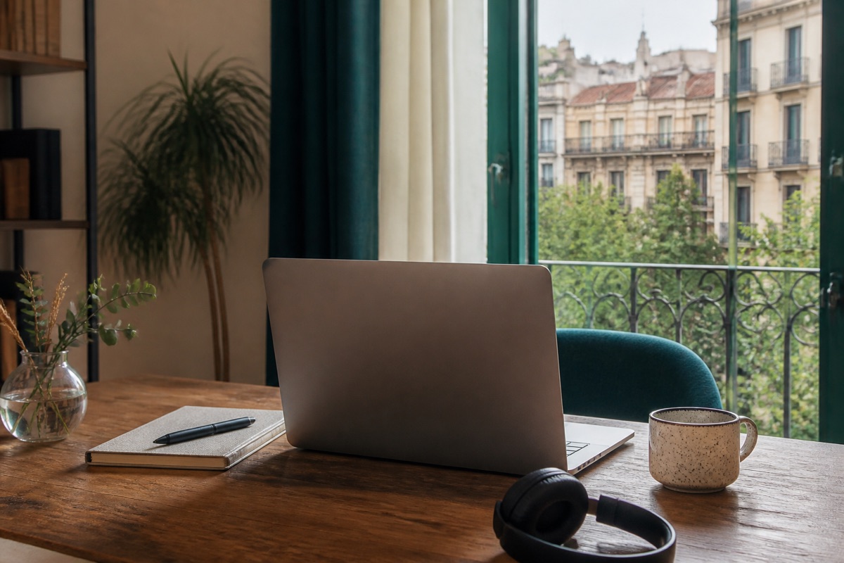 Escriptori privat preparat per a una sessió de psicologia online a Barcelona